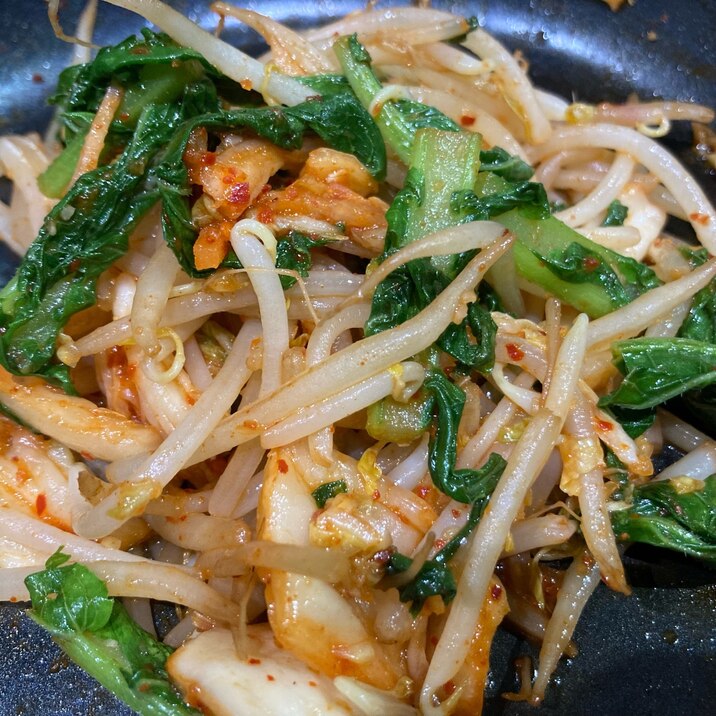残り野菜で簡単おつまみ!もやしと大根葉のキムチ炒め